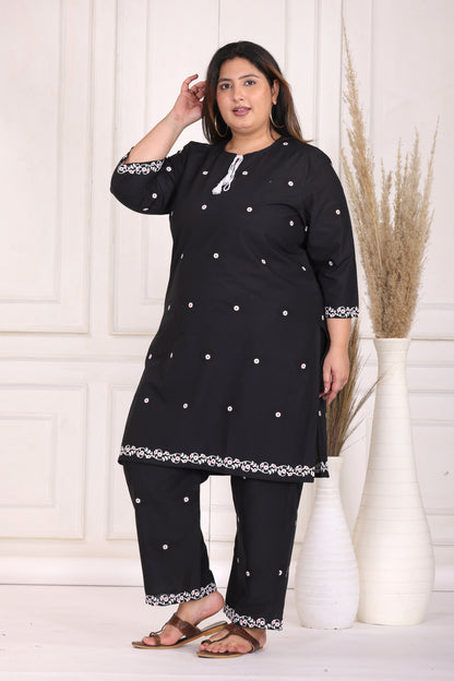 SOLID FLORAL EMBROIDERY COTTON CO-ORD SET IN BLACK BY PLUSSIZEKURTI