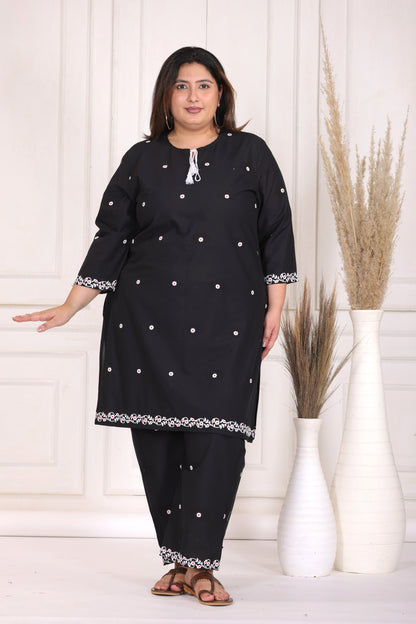 SOLID FLORAL EMBROIDERY COTTON CO-ORD SET IN BLACK BY PLUSSIZEKURTI