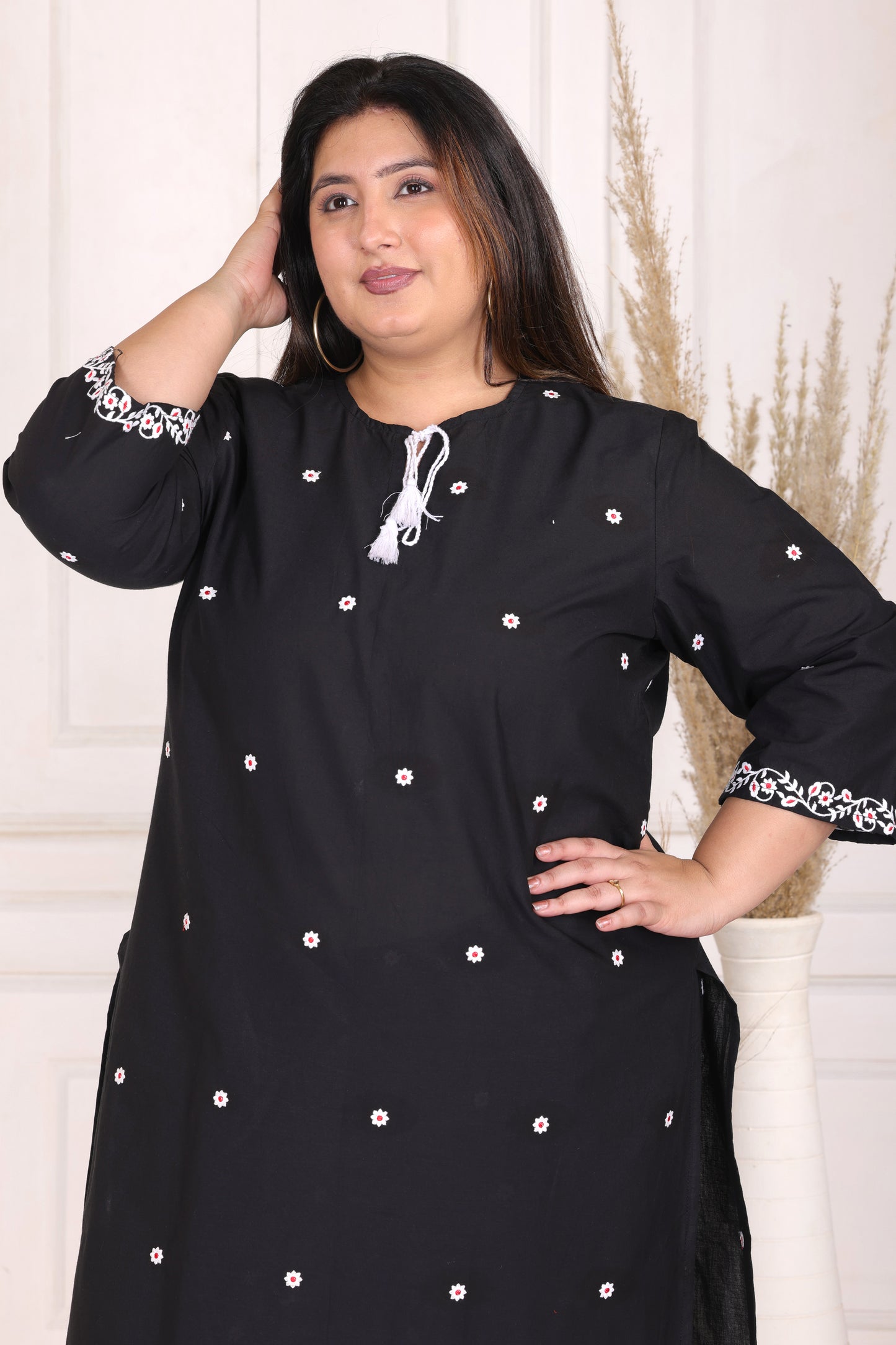 SOLID FLORAL EMBROIDERY COTTON CO-ORD SET IN BLACK BY PLUSSIZEKURTI