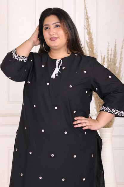 SOLID FLORAL EMBROIDERY COTTON CO-ORD SET IN BLACK BY PLUSSIZEKURTI