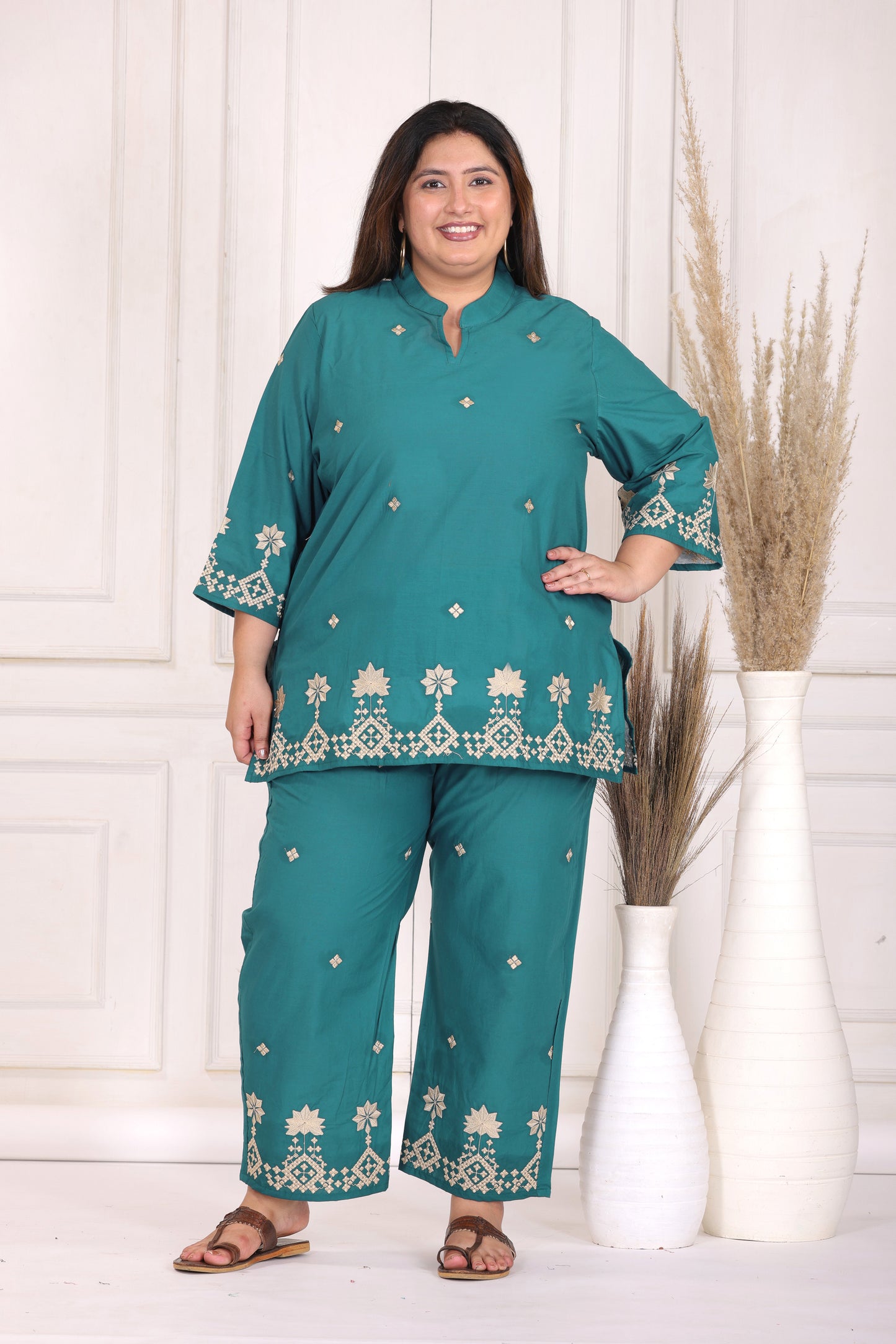 SOLID GEOMETRIC FLORAL EMBROIDERY COTTON CO-ORD SET IN TEAL BY PLUSSIZEKURTI