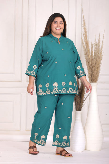 SOLID GEOMETRIC FLORAL EMBROIDERY COTTON CO-ORD SET IN TEAL BY PLUSSIZEKURTI