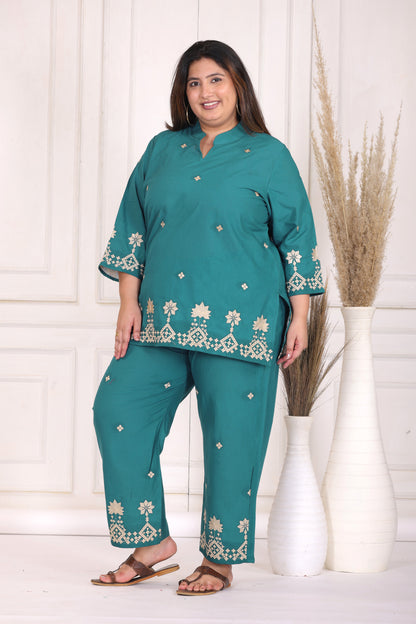 SOLID GEOMETRIC FLORAL EMBROIDERY COTTON CO-ORD SET IN TEAL BY PLUSSIZEKURTI