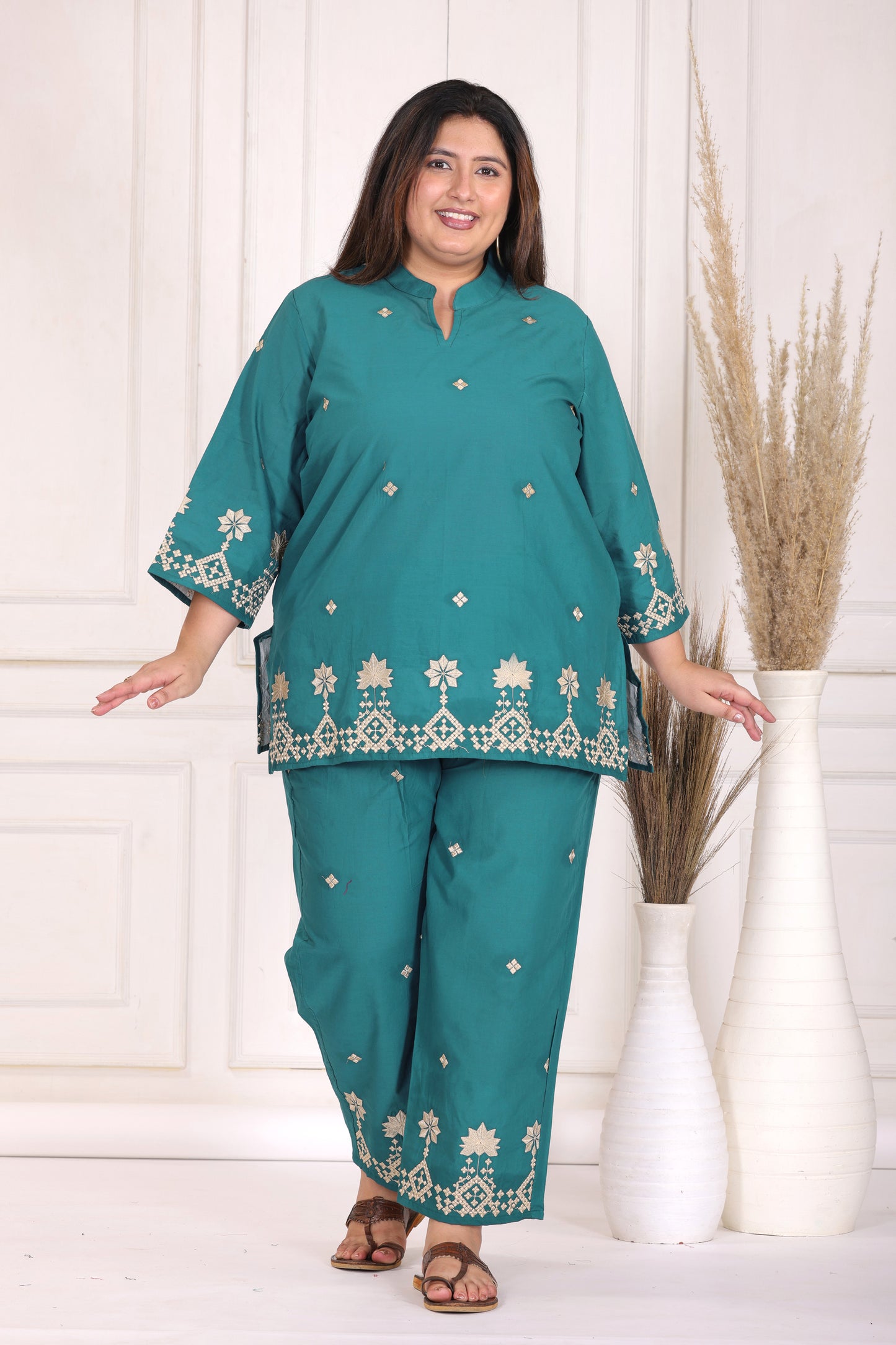 SOLID GEOMETRIC FLORAL EMBROIDERY COTTON CO-ORD SET IN TEAL BY PLUSSIZEKURTI
