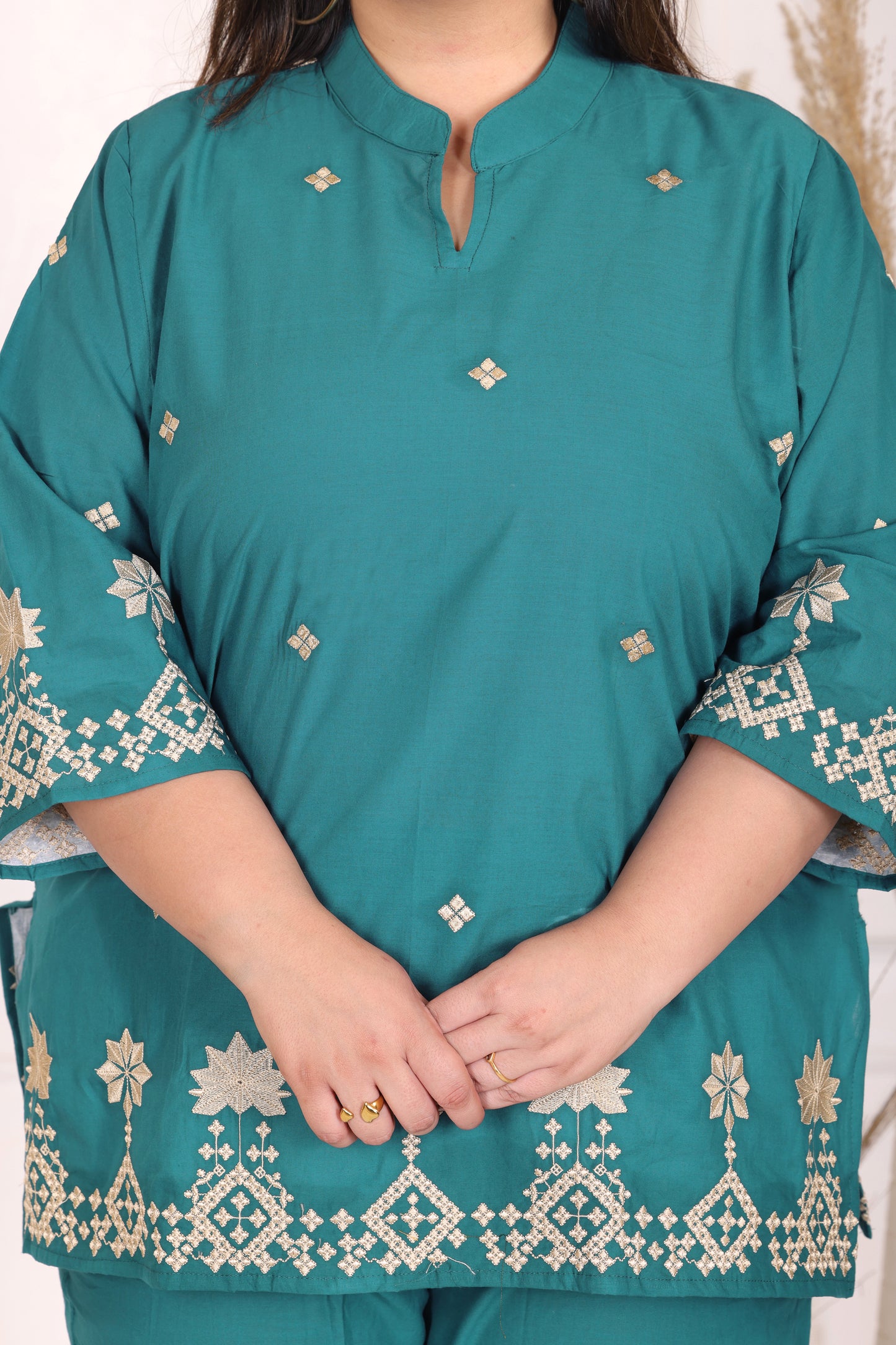SOLID GEOMETRIC FLORAL EMBROIDERY COTTON CO-ORD SET IN TEAL BY PLUSSIZEKURTI