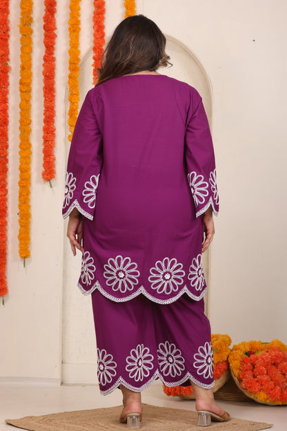 SOLID FLORAL EMBROIDERY CO-ORD SET IN PLUM PURPLE BY PLUSSIZEKURTI