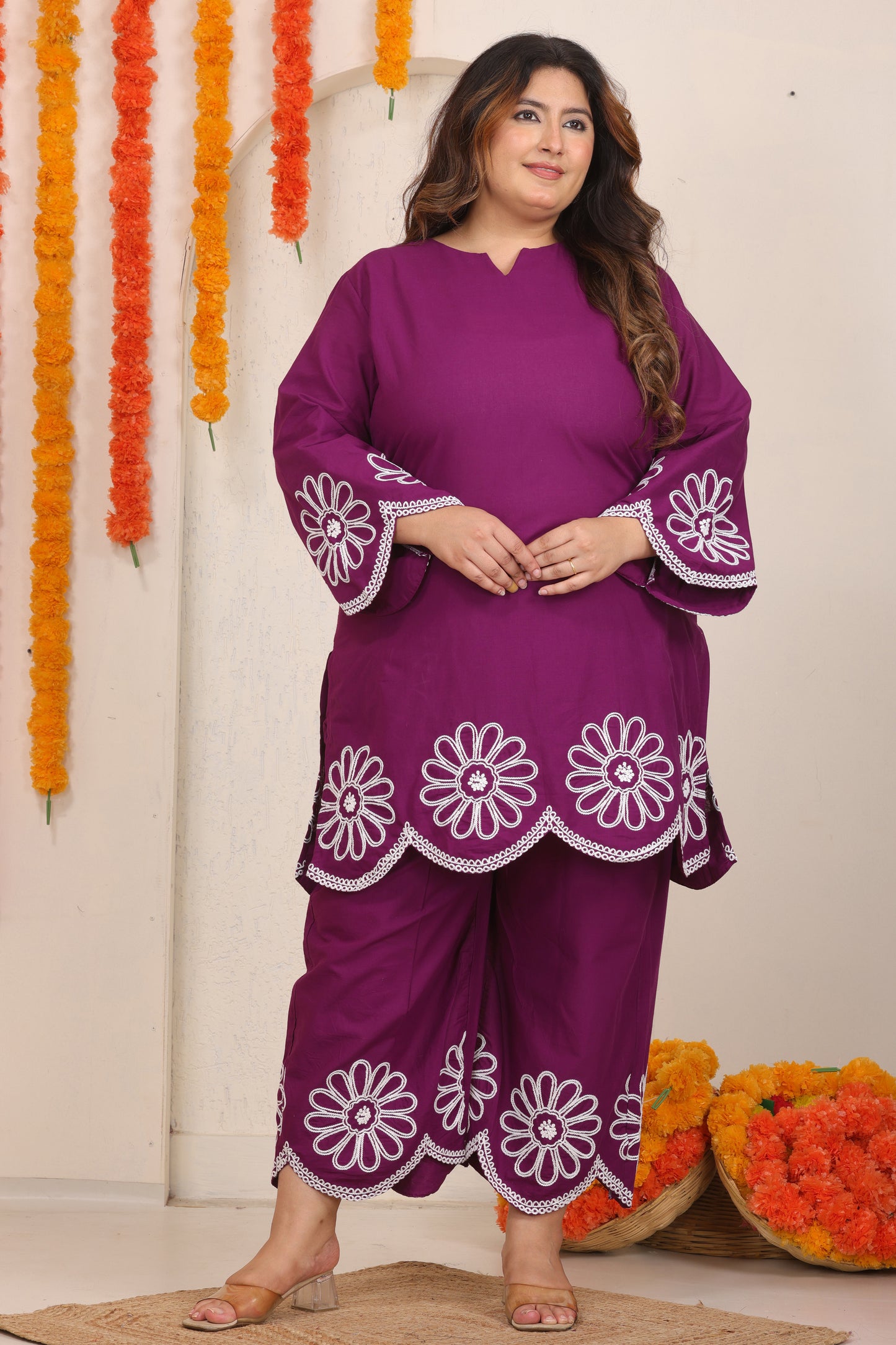 SOLID FLORAL EMBROIDERY CO-ORD SET IN PLUM PURPLE BY PLUSSIZEKURTI