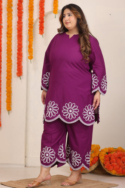 SOLID FLORAL EMBROIDERY CO-ORD SET IN PLUM PURPLE BY PLUSSIZEKURTI