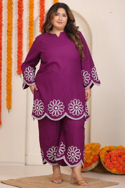SOLID FLORAL EMBROIDERY CO-ORD SET IN PLUM PURPLE BY PLUSSIZEKURTI