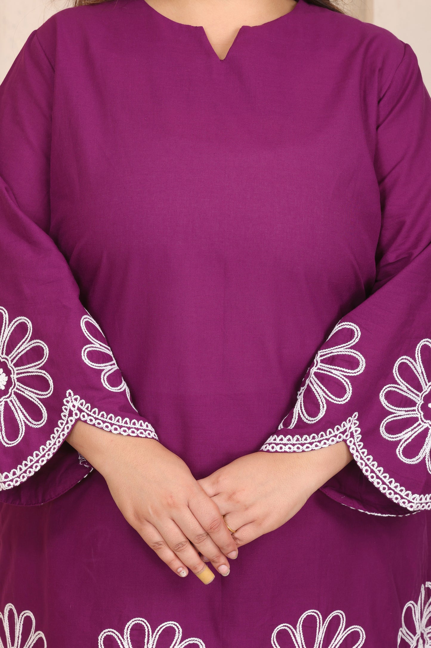 SOLID FLORAL EMBROIDERY CO-ORD SET IN PLUM PURPLE BY PLUSSIZEKURTI