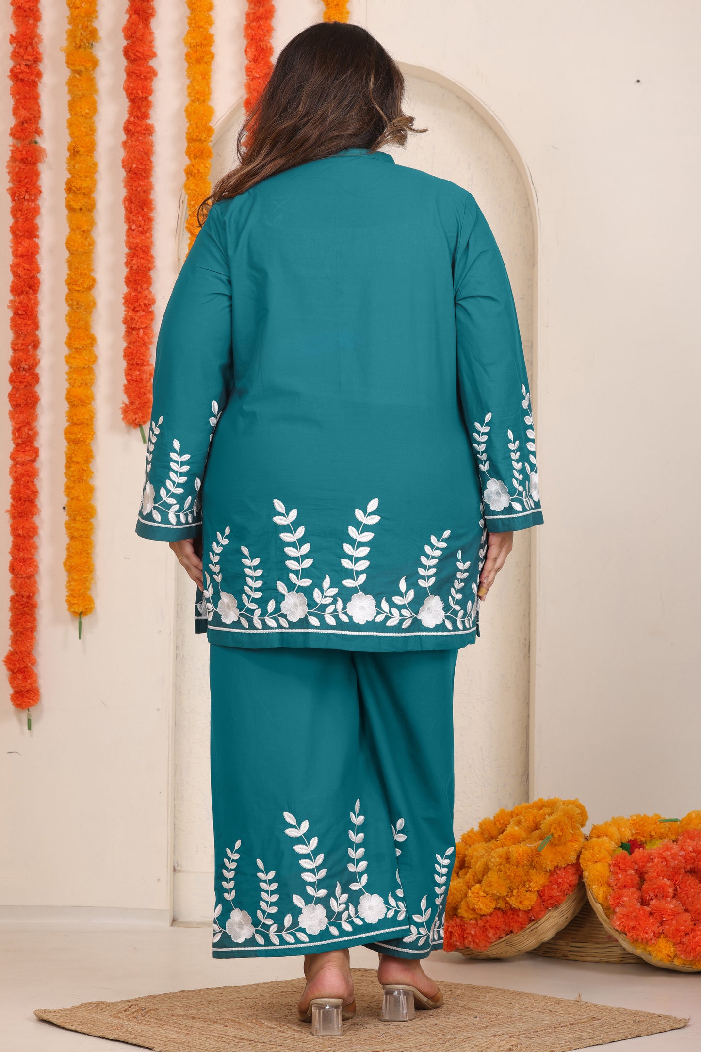 SOLID FLORAL EMBROIDERY COTTON CO-ORD SET IN TEAL BLUE BY PLUSSIZEKURTI