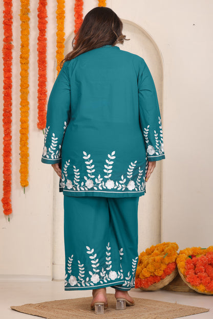 SOLID FLORAL EMBROIDERY COTTON CO-ORD SET IN TEAL BLUE BY PLUSSIZEKURTI