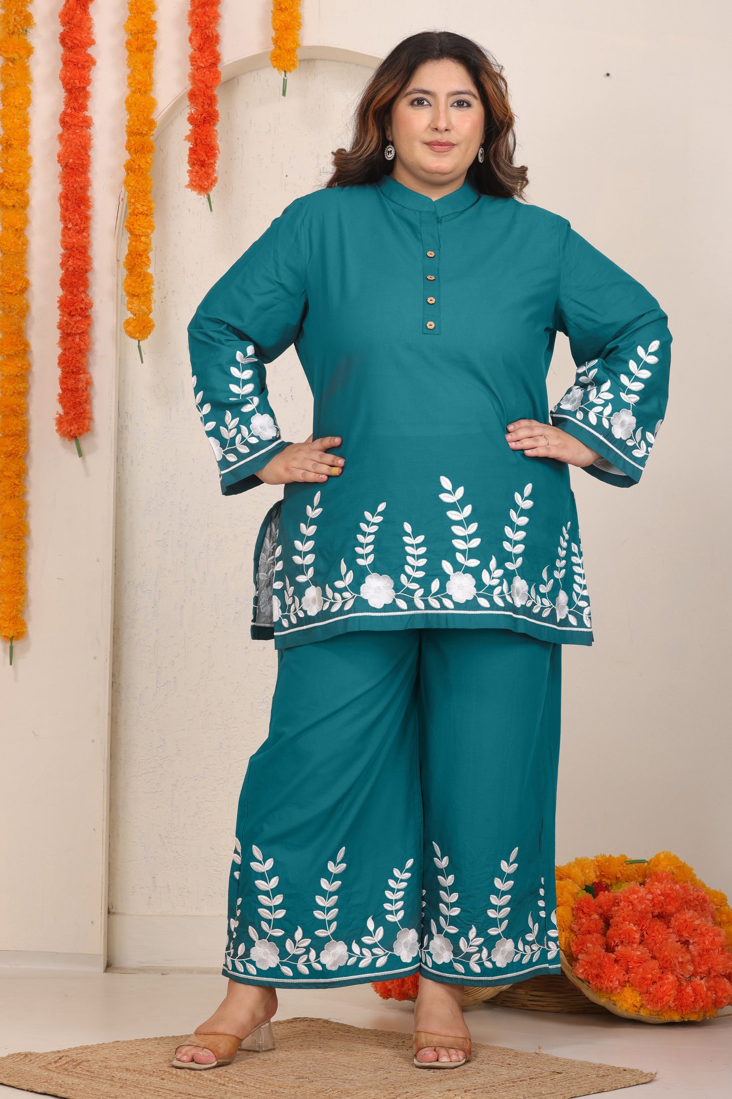 SOLID FLORAL EMBROIDERY COTTON CO-ORD SET IN TEAL BLUE BY PLUSSIZEKURTI