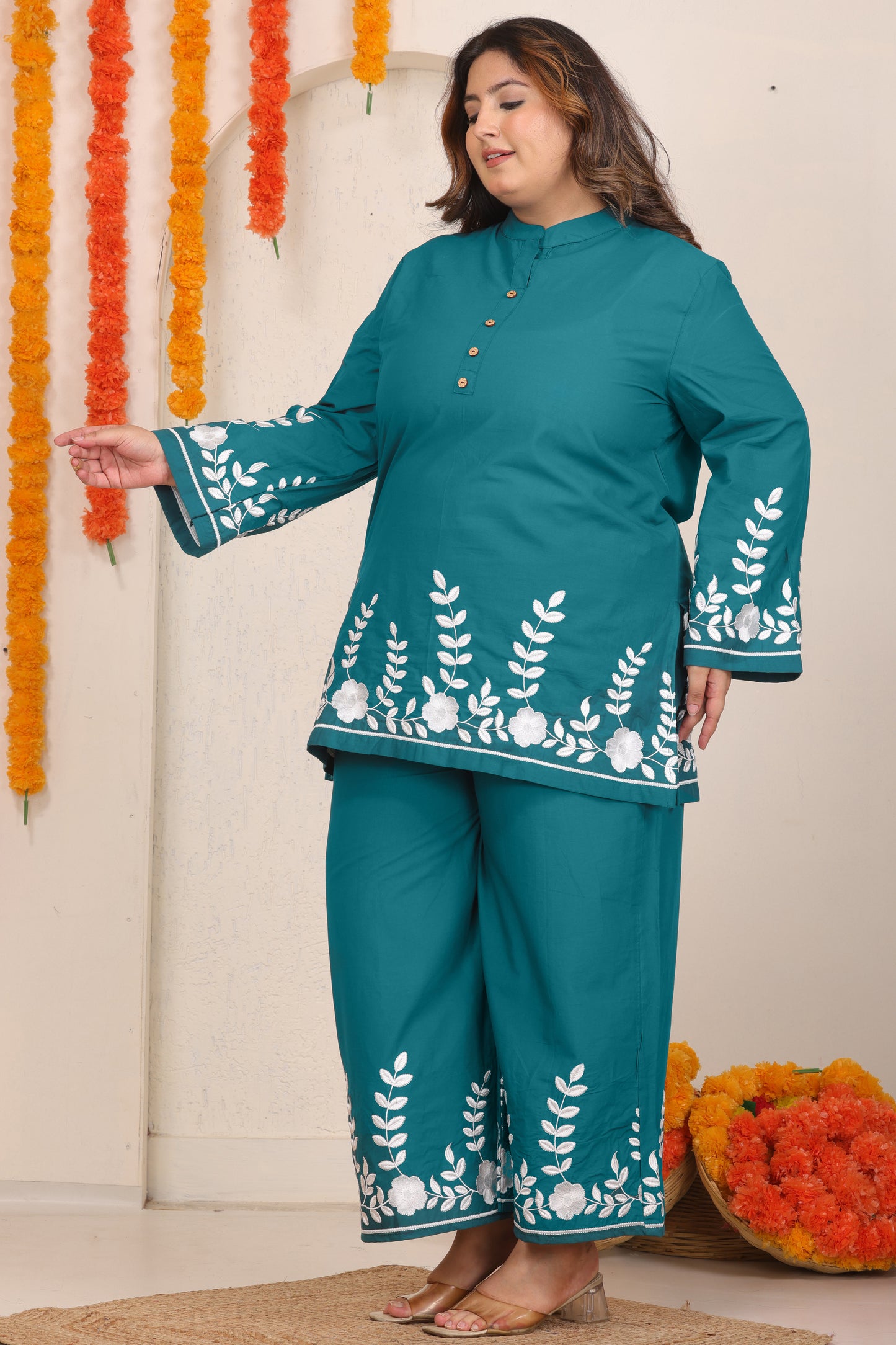 SOLID FLORAL EMBROIDERY COTTON CO-ORD SET IN TEAL BLUE BY PLUSSIZEKURTI