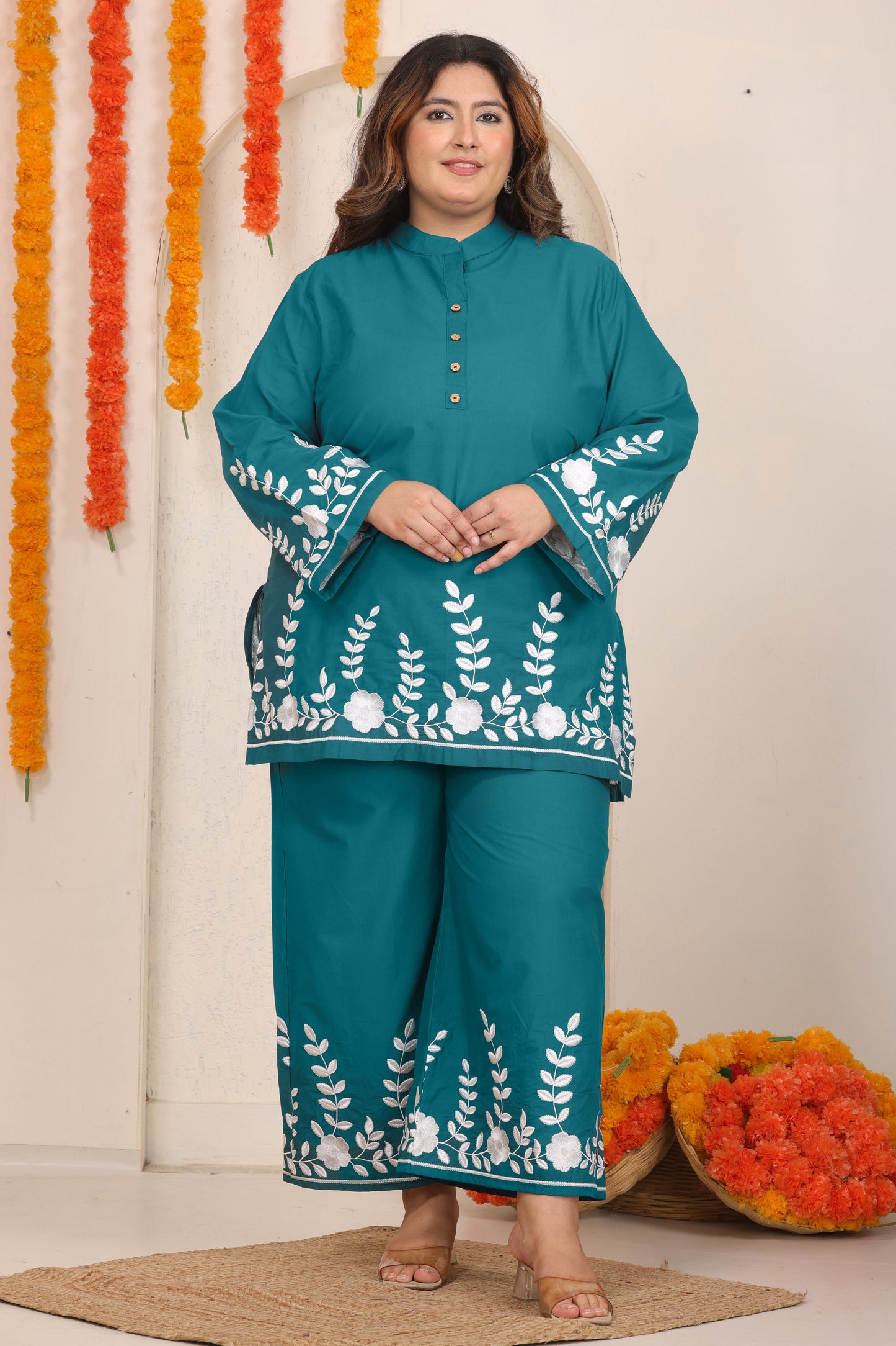 SOLID FLORAL EMBROIDERY COTTON CO-ORD SET IN TEAL BLUE BY PLUSSIZEKURTI