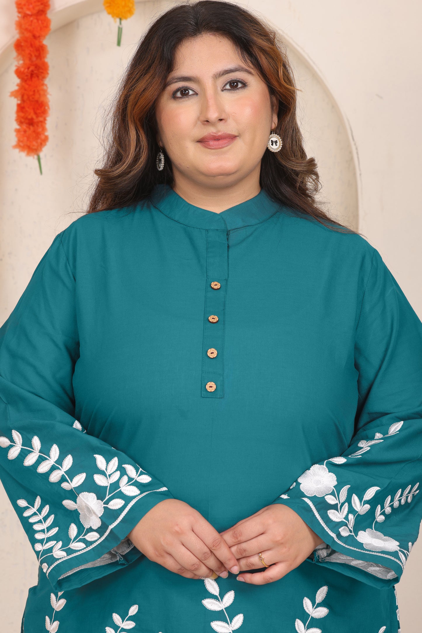 SOLID FLORAL EMBROIDERY COTTON CO-ORD SET IN TEAL BLUE BY PLUSSIZEKURTI