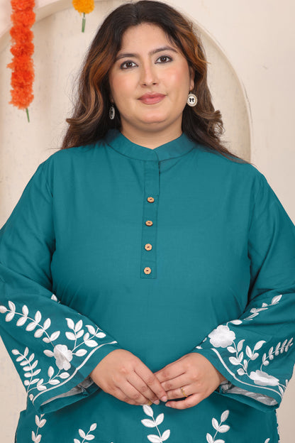 SOLID FLORAL EMBROIDERY COTTON CO-ORD SET IN TEAL BLUE BY PLUSSIZEKURTI