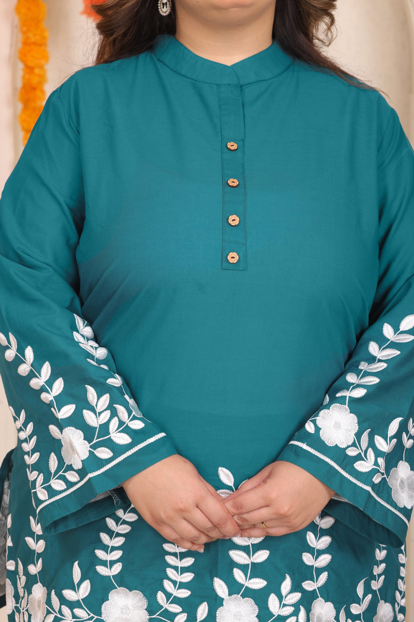 SOLID FLORAL EMBROIDERY COTTON CO-ORD SET IN TEAL BLUE BY PLUSSIZEKURTI