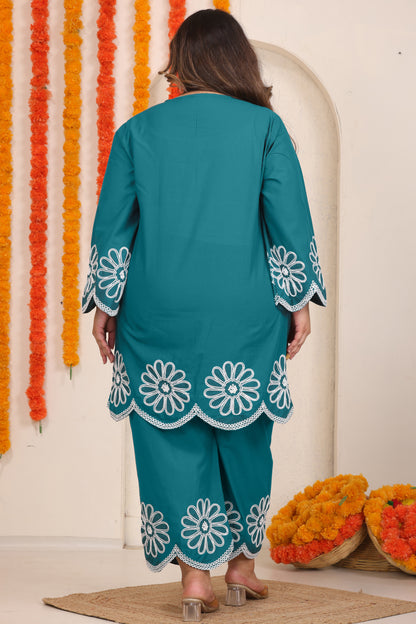 SOLID FLORAL EMBROIDERY COTTON CO-ORD SET IN TEAL BLUE BY PLUSSIZEKURTI