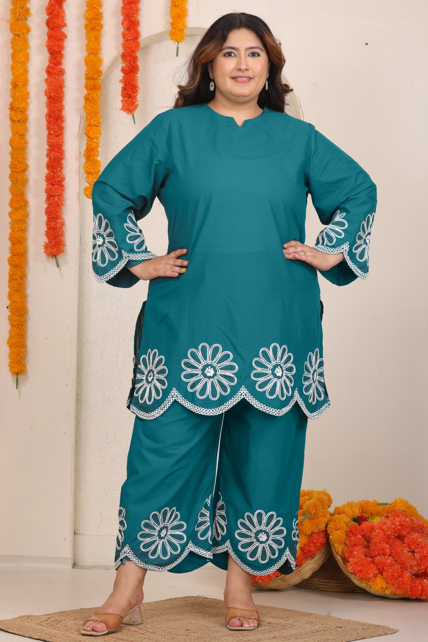 SOLID FLORAL EMBROIDERY COTTON CO-ORD SET IN TEAL BLUE BY PLUSSIZEKURTI