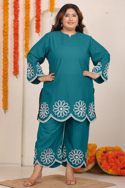 SOLID FLORAL EMBROIDERY COTTON CO-ORD SET IN TEAL BLUE BY PLUSSIZEKURTI