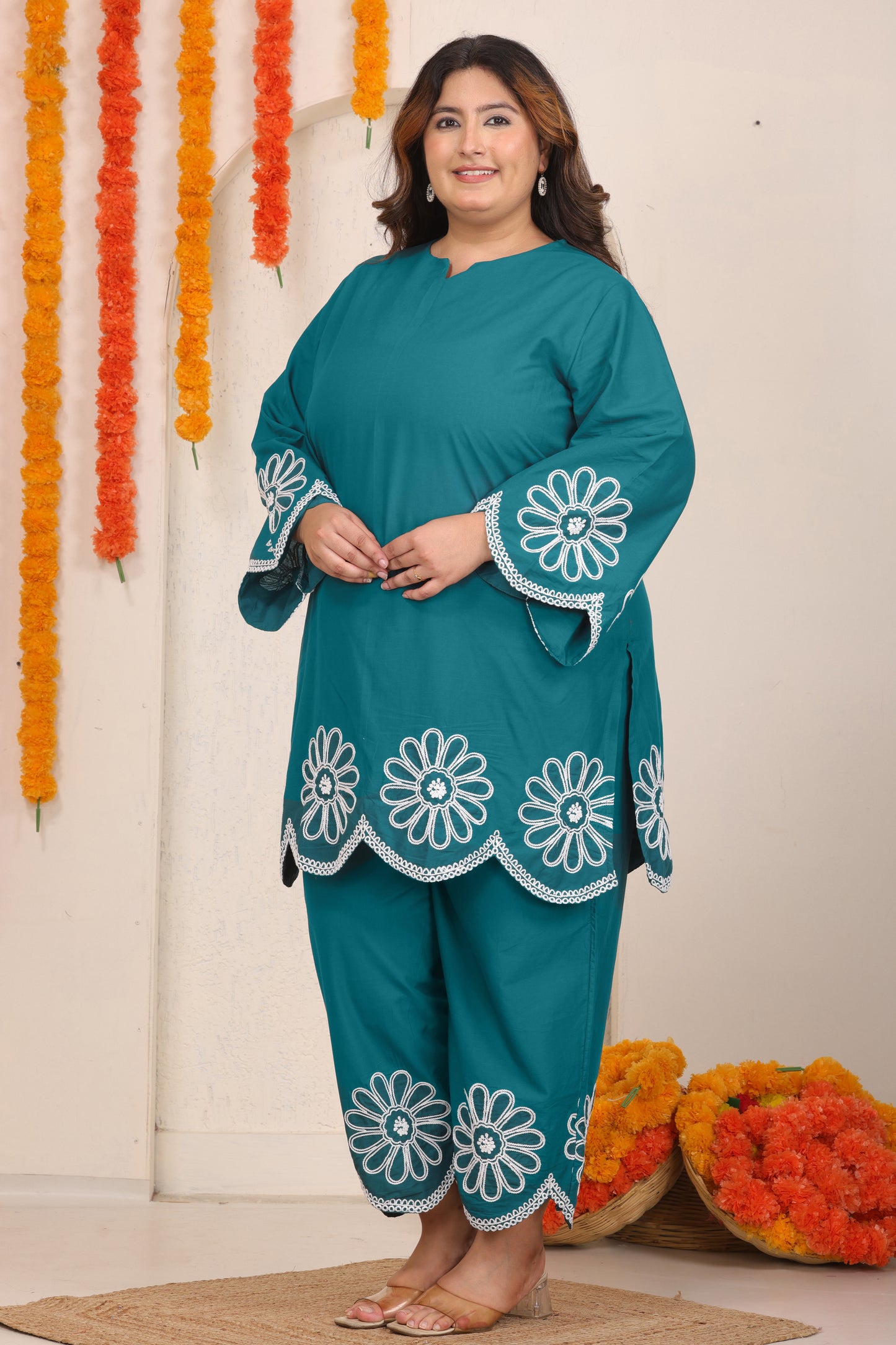 SOLID FLORAL EMBROIDERY COTTON CO-ORD SET IN TEAL BLUE BY PLUSSIZEKURTI