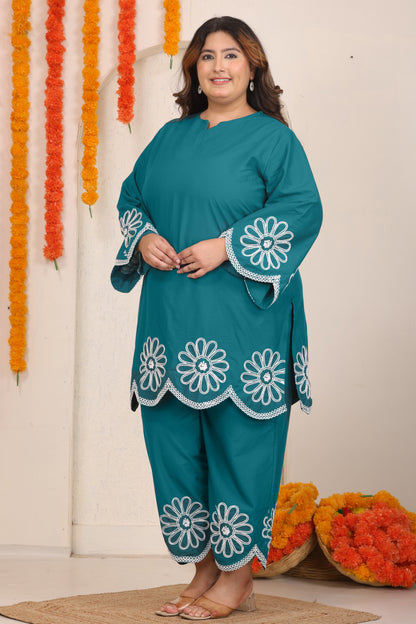 SOLID FLORAL EMBROIDERY COTTON CO-ORD SET IN TEAL BLUE BY PLUSSIZEKURTI