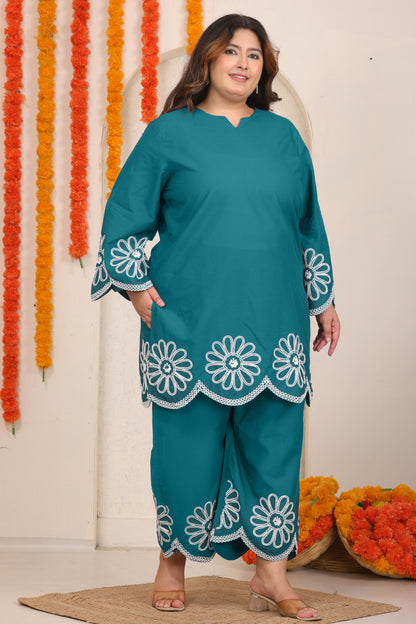 SOLID FLORAL EMBROIDERY COTTON CO-ORD SET IN TEAL BLUE BY PLUSSIZEKURTI