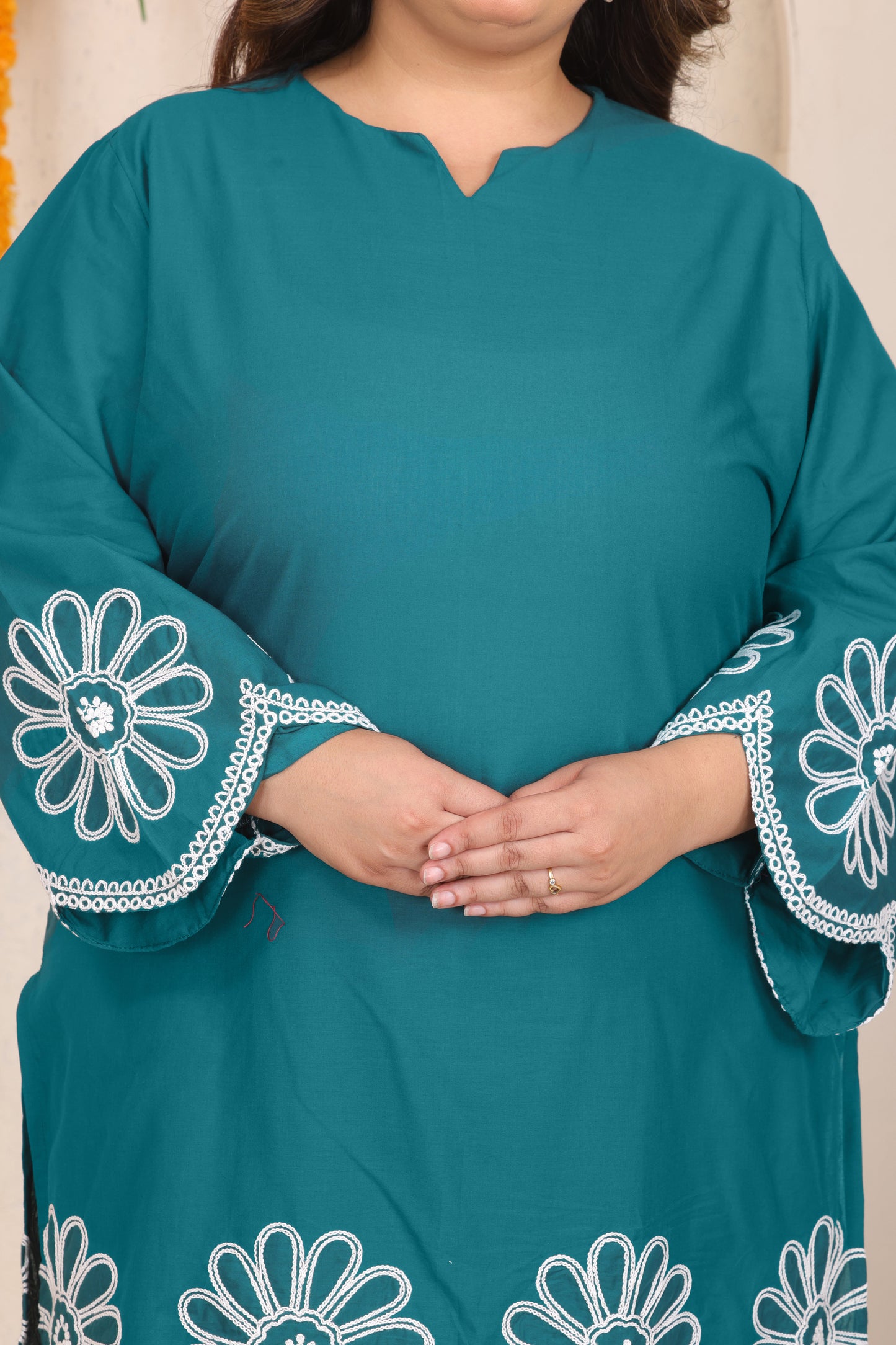 SOLID FLORAL EMBROIDERY COTTON CO-ORD SET IN TEAL BLUE BY PLUSSIZEKURTI