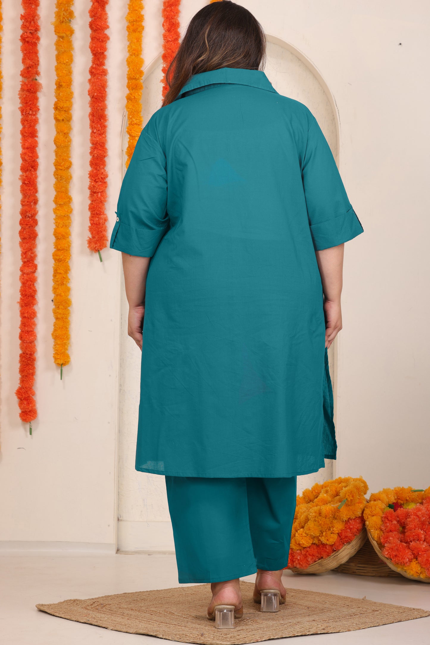 SOLID FLORAL EMBROIDERY COTTON CO-ORD SET IN TEAL BLUE BY PLUSSIZEKURTI