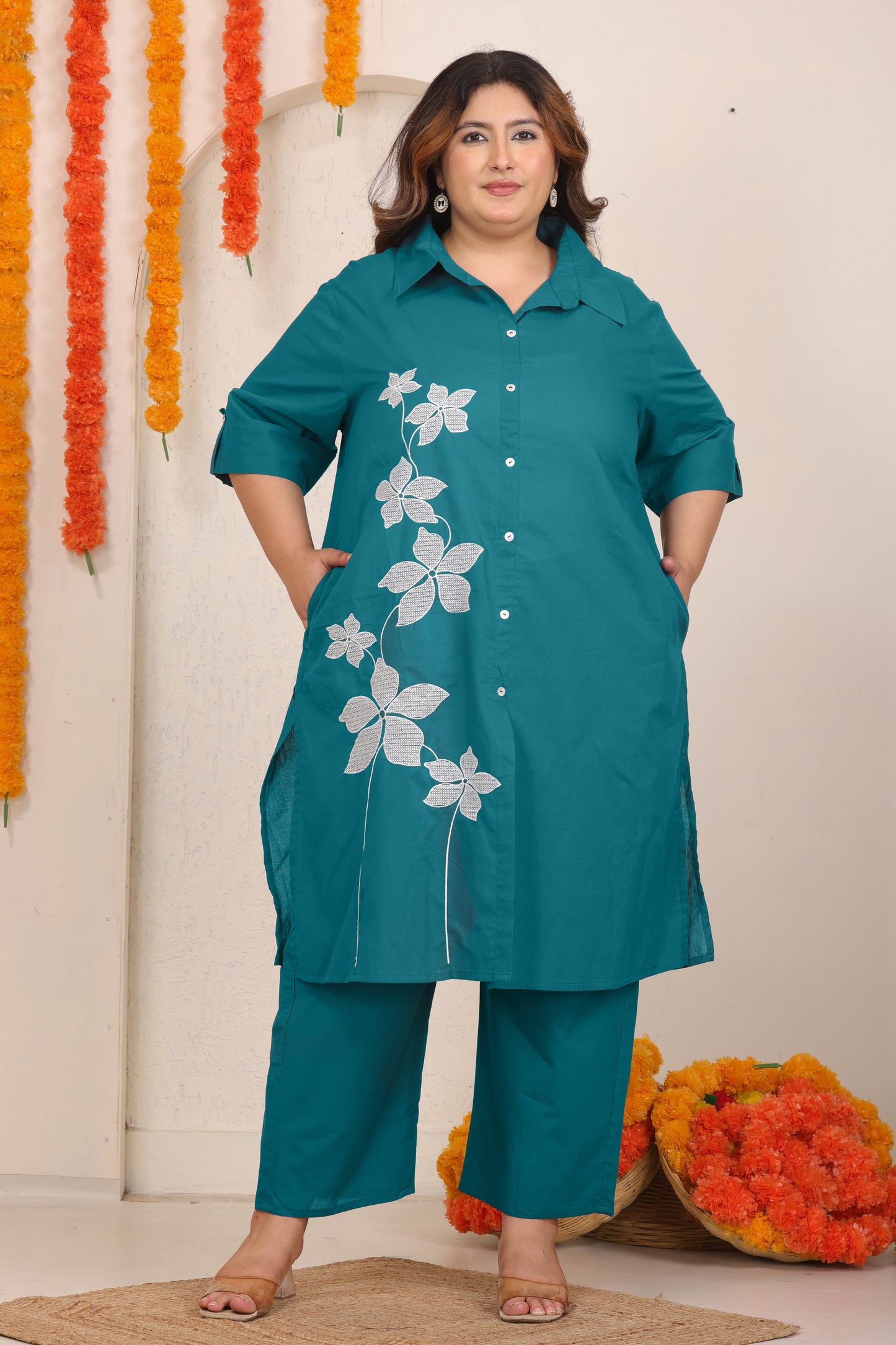 SOLID FLORAL EMBROIDERY COTTON CO-ORD SET IN TEAL BLUE BY PLUSSIZEKURTI