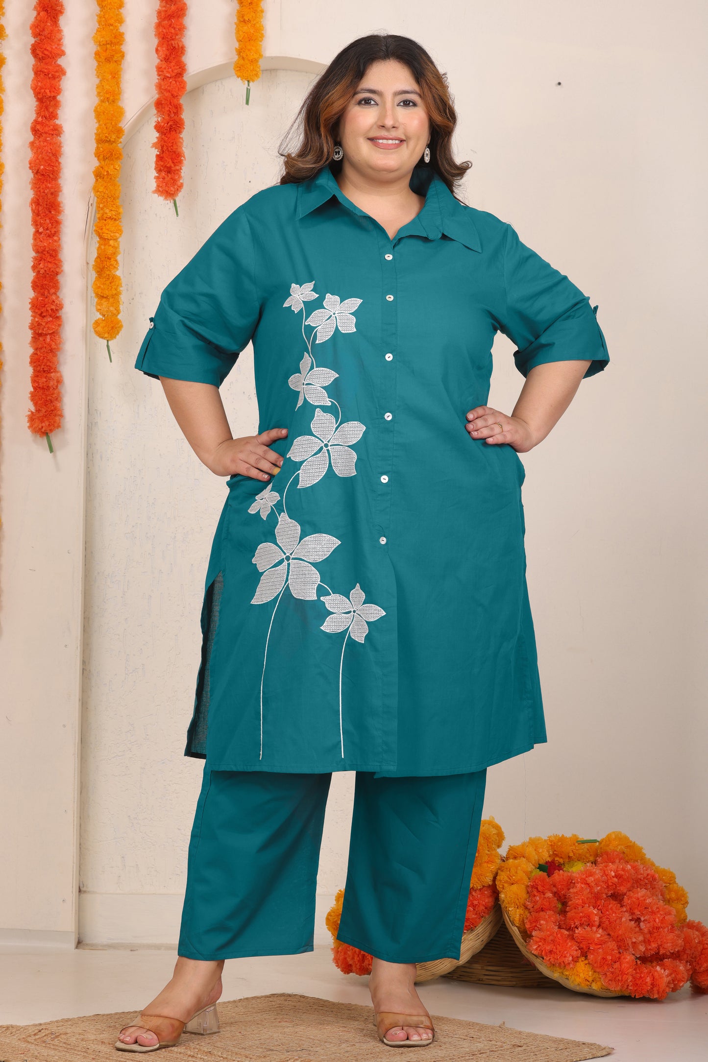 SOLID FLORAL EMBROIDERY COTTON CO-ORD SET IN TEAL BLUE BY PLUSSIZEKURTI