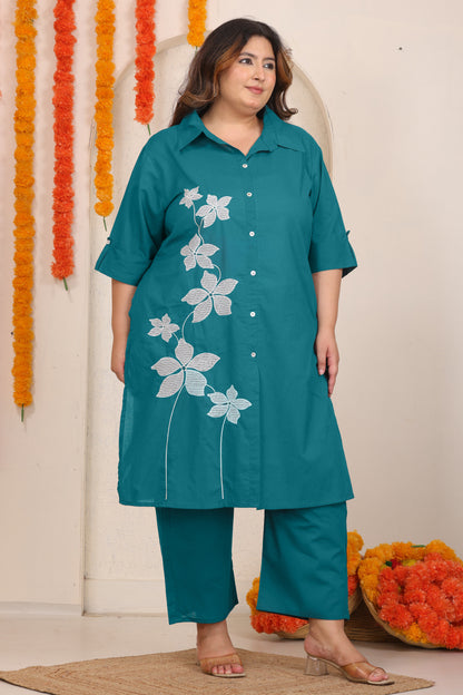 SOLID FLORAL EMBROIDERY COTTON CO-ORD SET IN TEAL BLUE BY PLUSSIZEKURTI