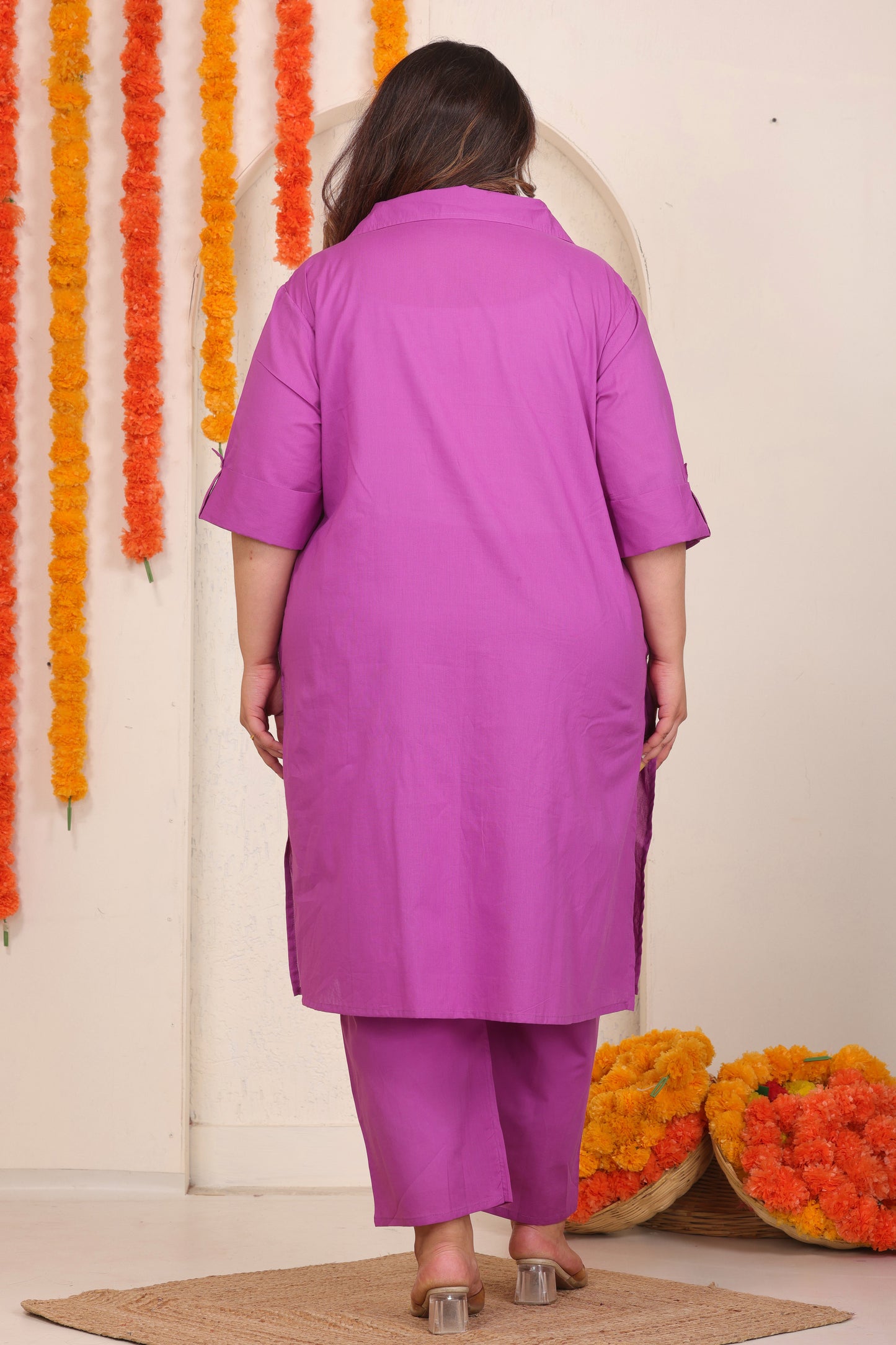SOLID FLORAL EMBROIDERY COTTON CO-ORD SET IN MAGENTA PINK BY PLUSSIZEKURTI