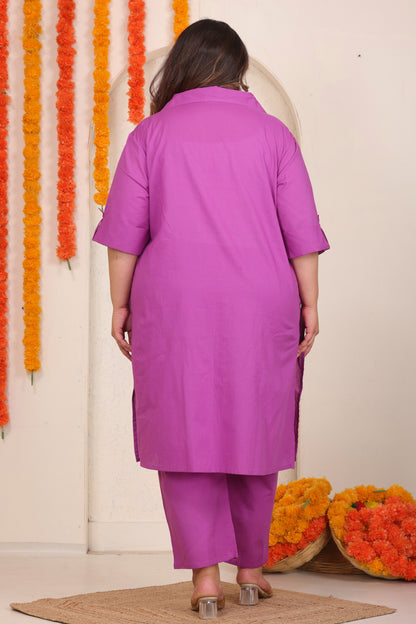 SOLID FLORAL EMBROIDERY COTTON CO-ORD SET IN MAGENTA PINK BY PLUSSIZEKURTI