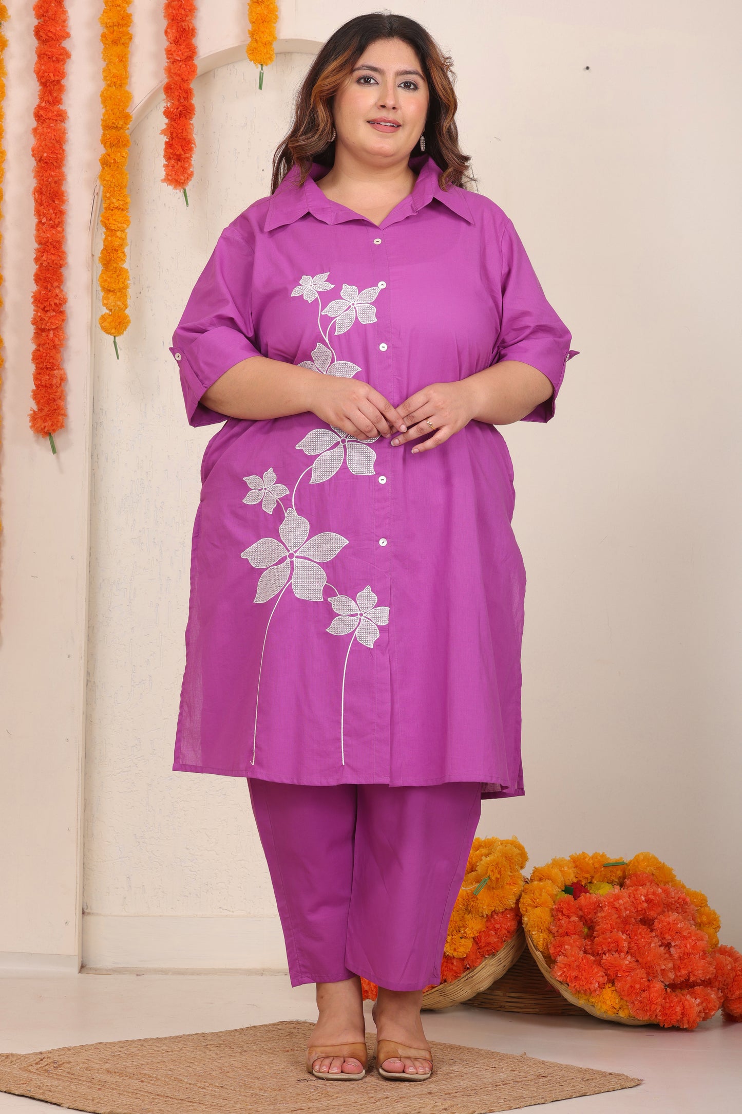 SOLID FLORAL EMBROIDERY COTTON CO-ORD SET IN MAGENTA PINK BY PLUSSIZEKURTI