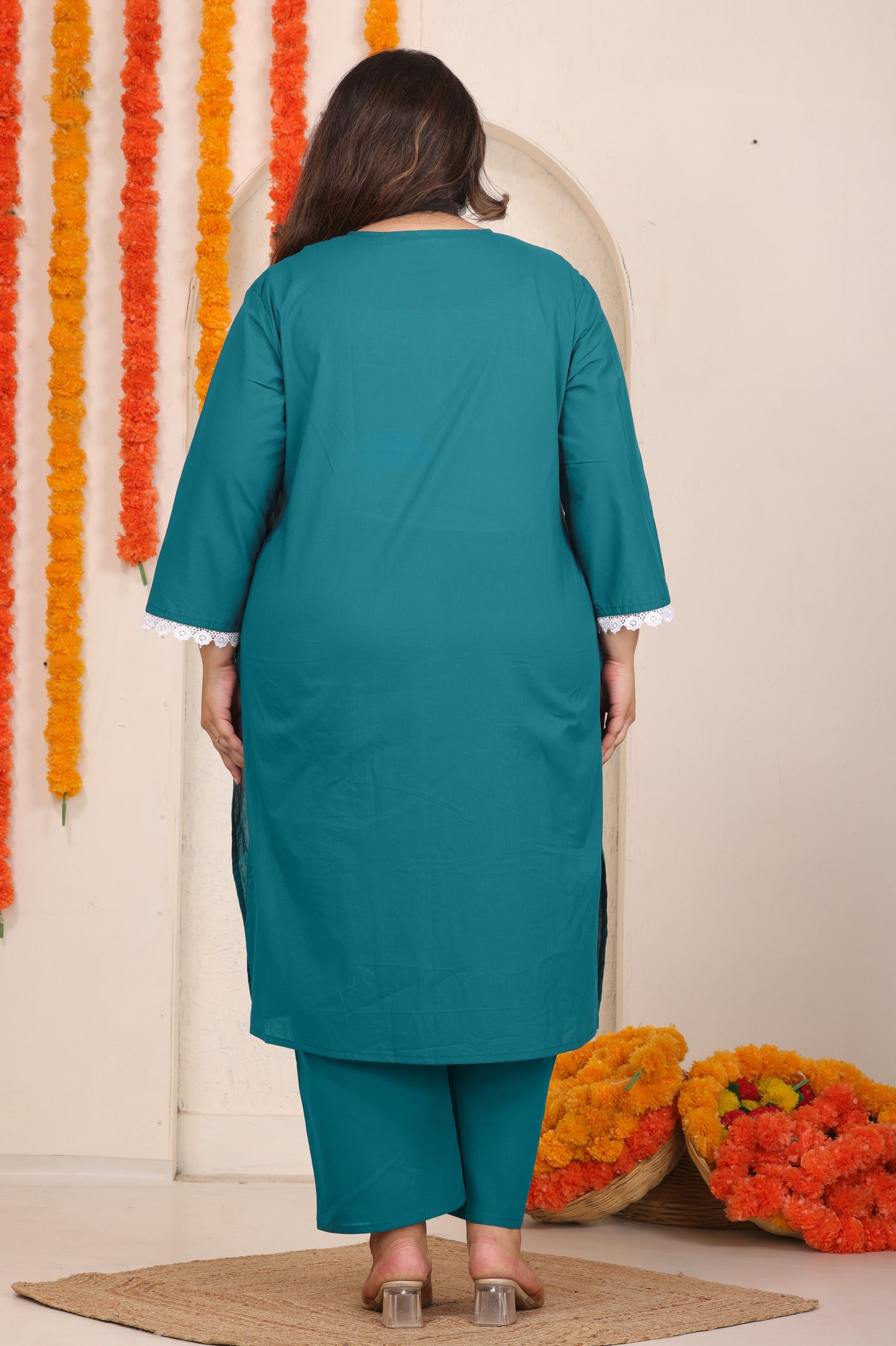 FLORAL EMBROIDERY COTTON KURTA PANT SET IN TEAL BLUE BY PLUSSIZEKURTI