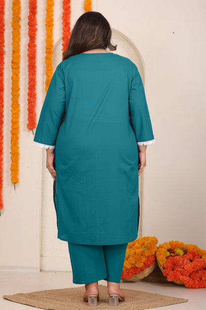 FLORAL EMBROIDERY COTTON KURTA PANT SET IN TEAL BLUE BY PLUSSIZEKURTI