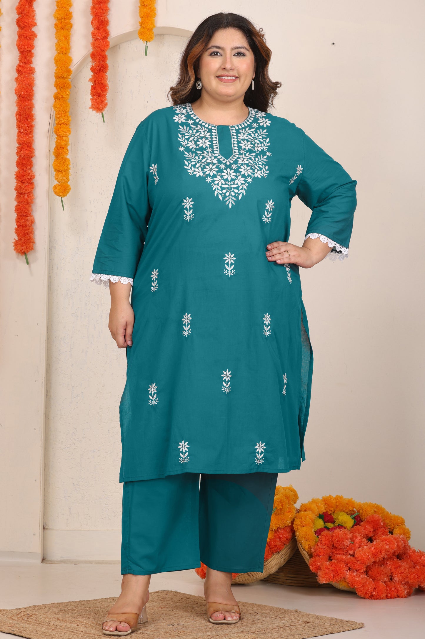 FLORAL EMBROIDERY COTTON KURTA PANT SET IN TEAL BLUE BY PLUSSIZEKURTI