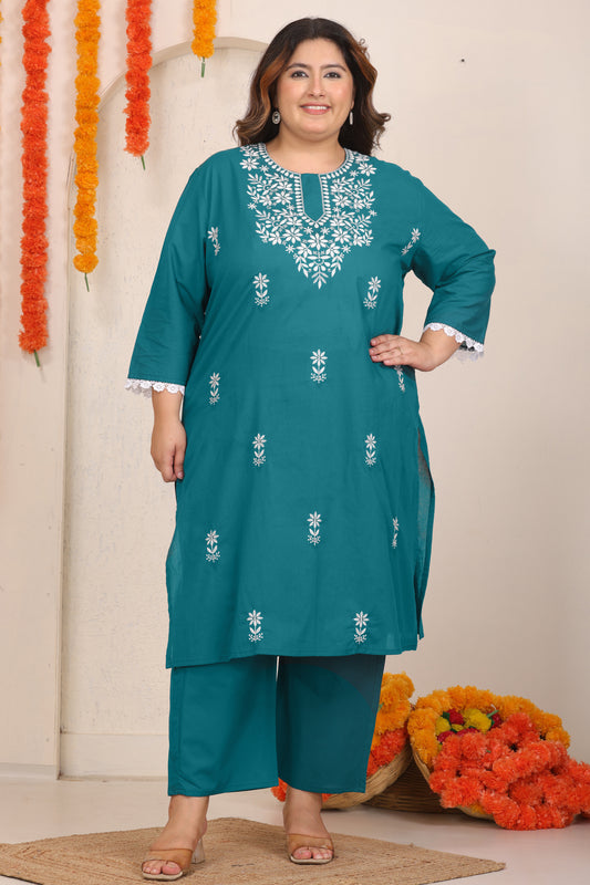 FLORAL EMBROIDERY COTTON KURTA PANT SET IN TEAL BLUE BY PLUSSIZEKURTI