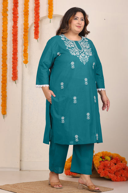 FLORAL EMBROIDERY COTTON KURTA PANT SET IN TEAL BLUE BY PLUSSIZEKURTI