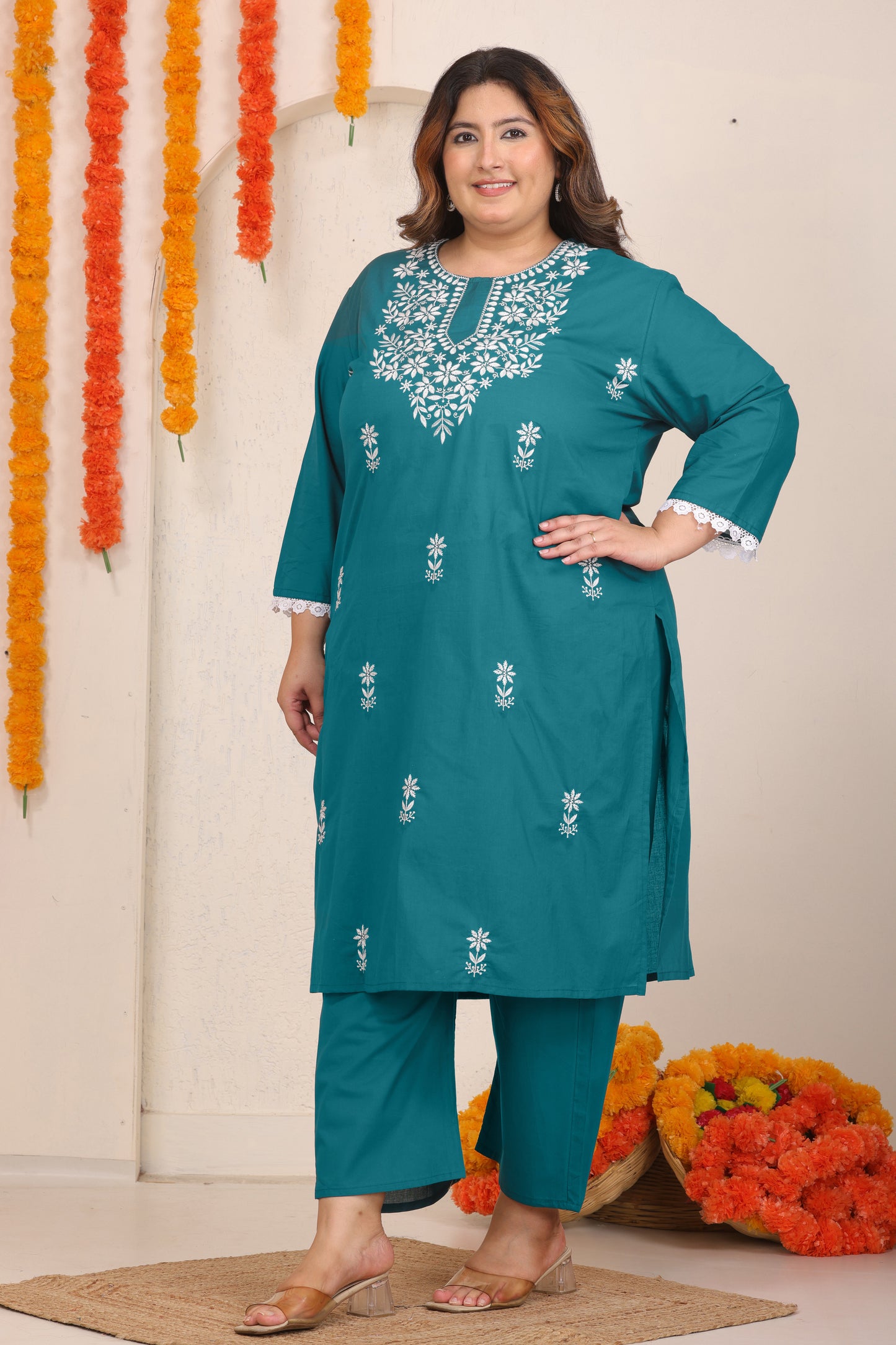 FLORAL EMBROIDERY COTTON KURTA PANT SET IN TEAL BLUE BY PLUSSIZEKURTI
