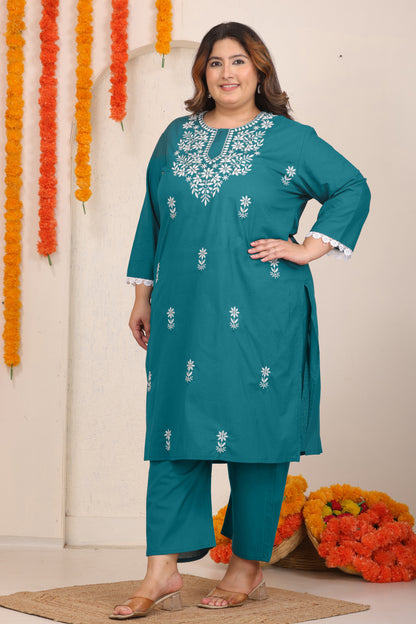 FLORAL EMBROIDERY COTTON KURTA PANT SET IN TEAL BLUE BY PLUSSIZEKURTI