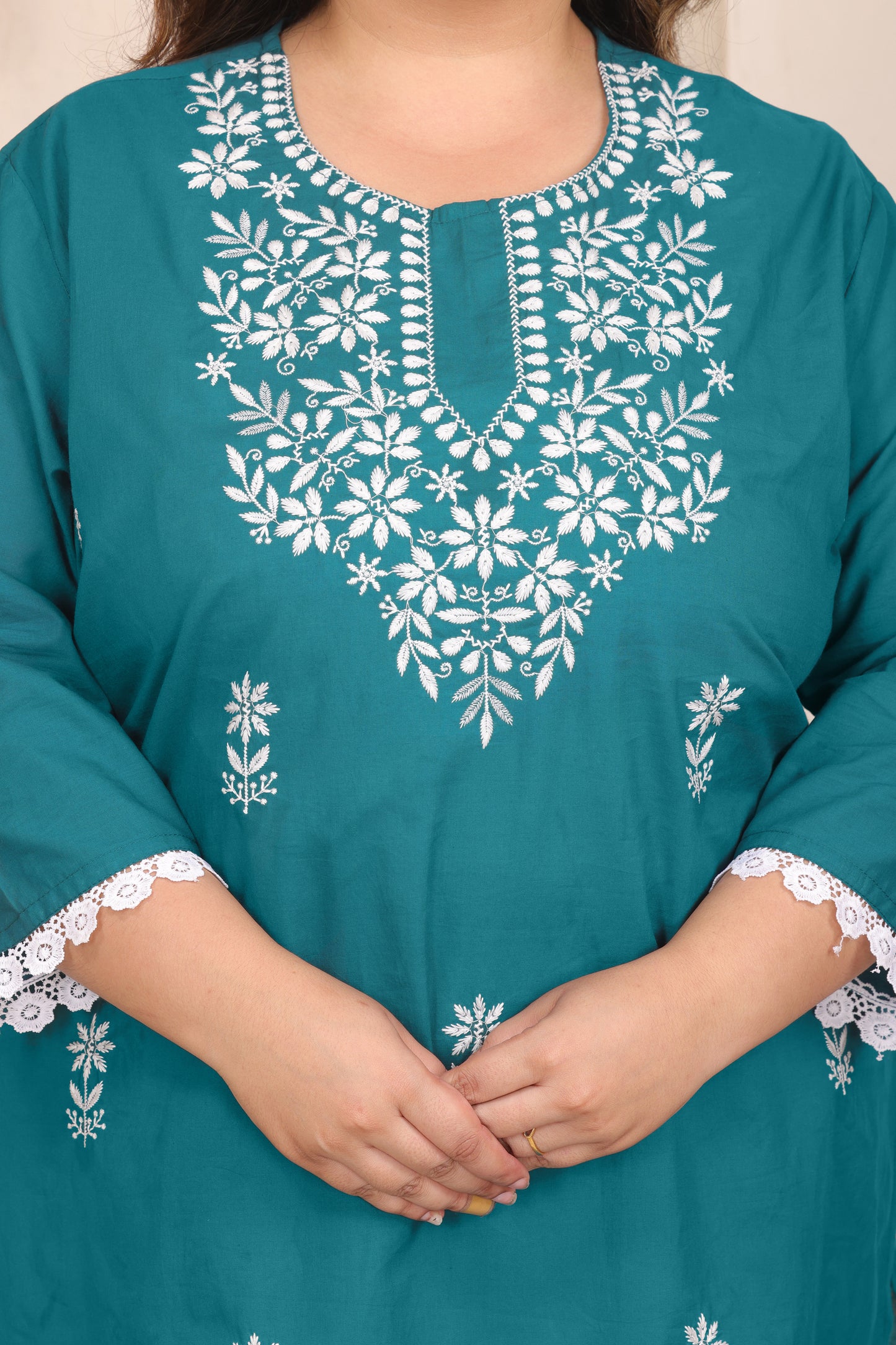 FLORAL EMBROIDERY COTTON KURTA PANT SET IN TEAL BLUE BY PLUSSIZEKURTI