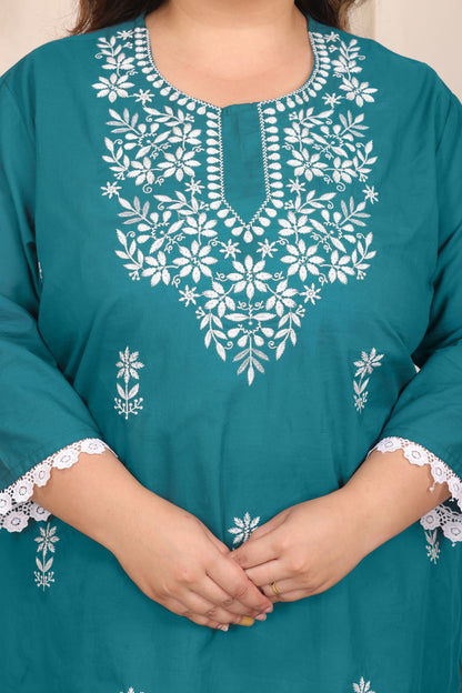 FLORAL EMBROIDERY COTTON KURTA PANT SET IN TEAL BLUE BY PLUSSIZEKURTI
