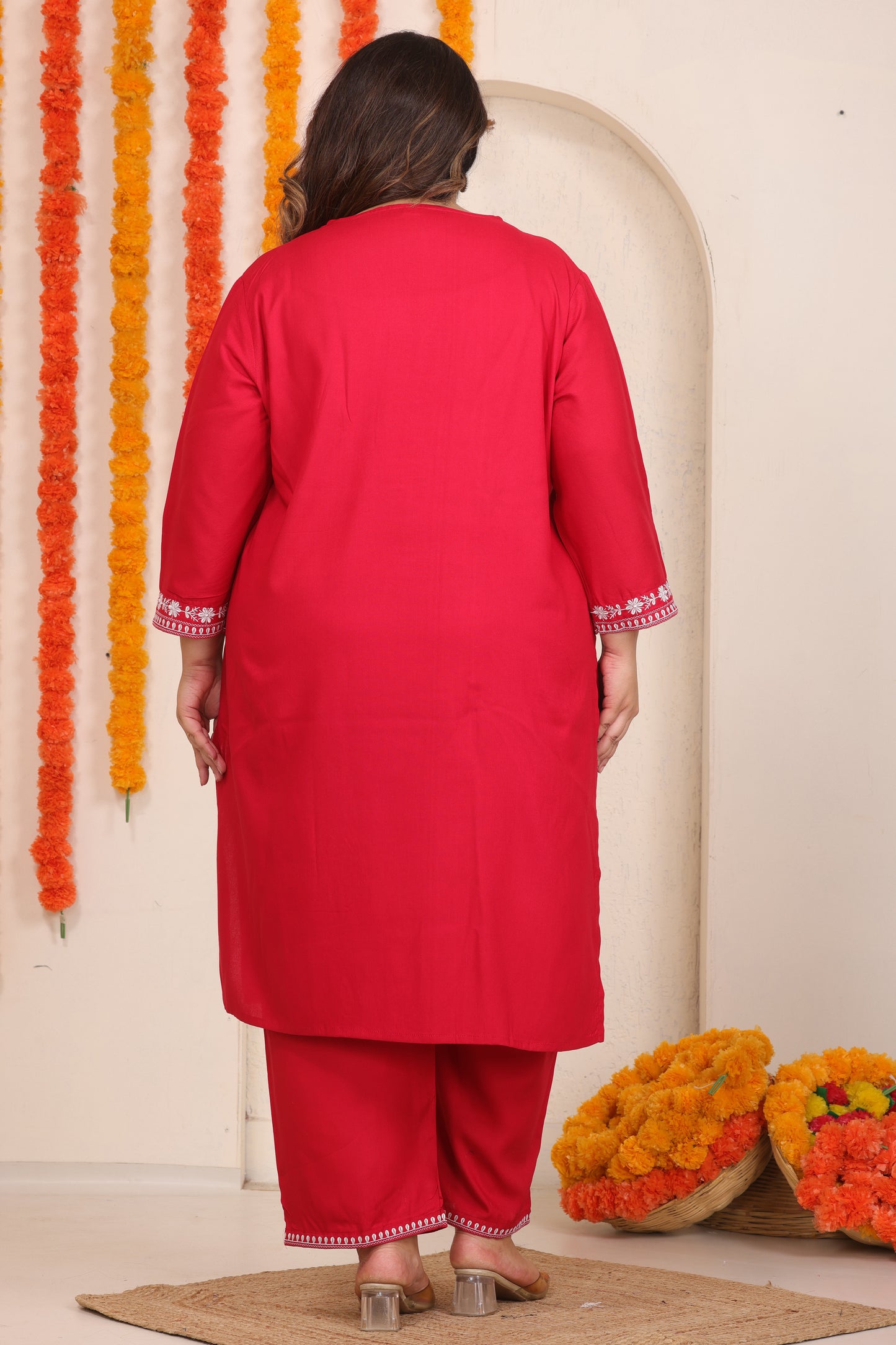 SOLID EMBROIDERED COTTON KURTA PANT SET IN RED BY PLUSSIZEKURTI
