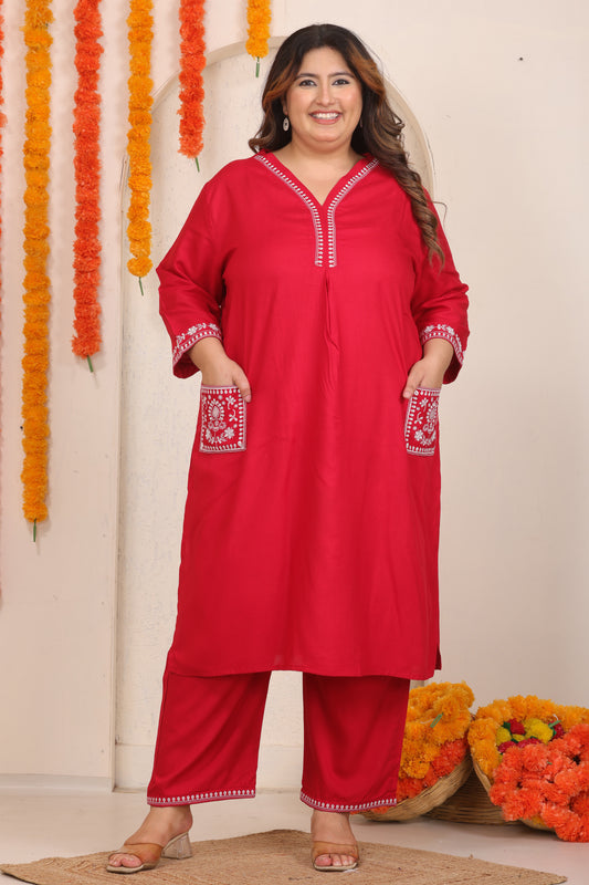 SOLID EMBROIDERED COTTON KURTA PANT SET IN RED BY PLUSSIZEKURTI