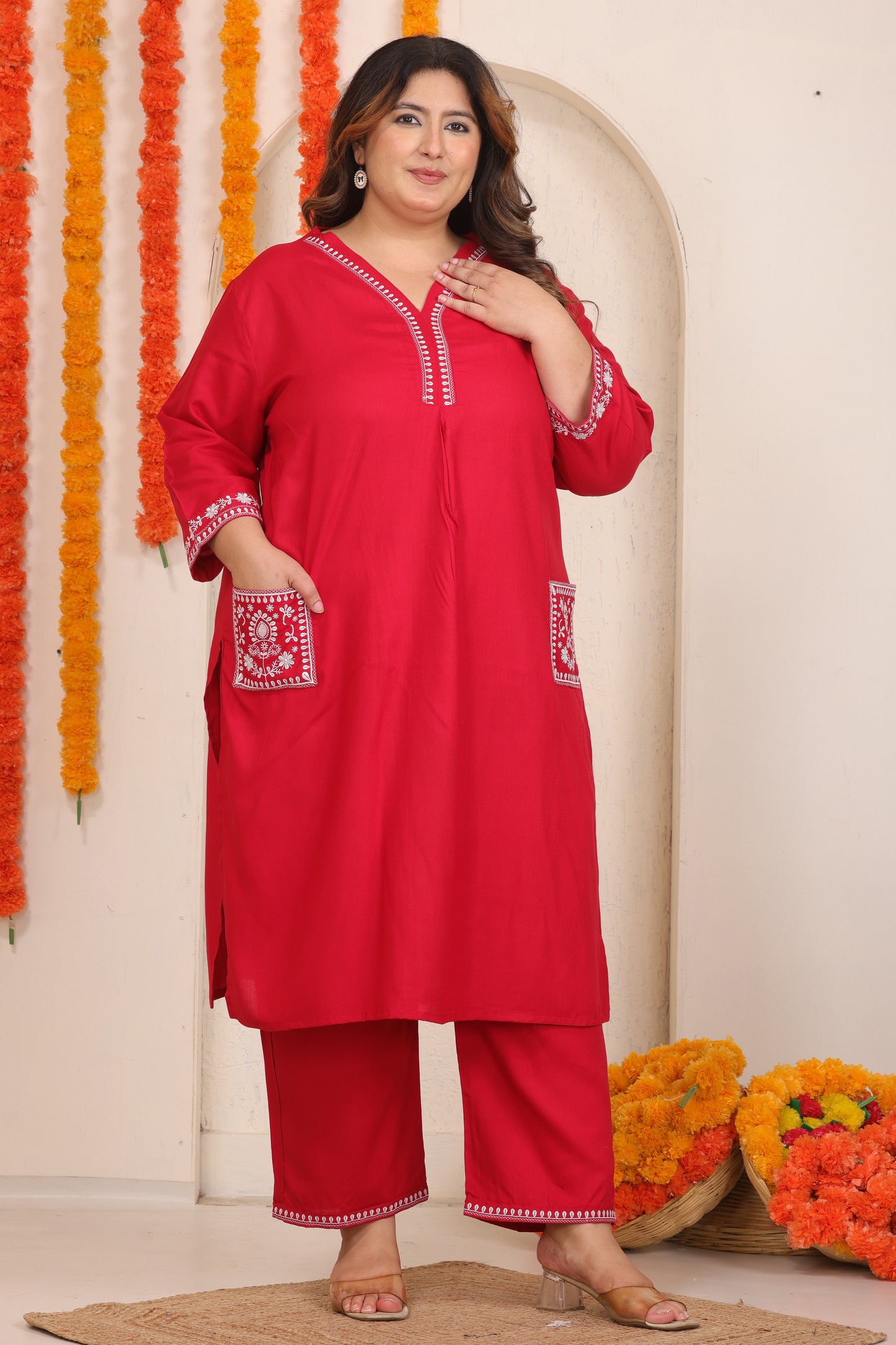 SOLID EMBROIDERED COTTON KURTA PANT SET IN RED BY PLUSSIZEKURTI