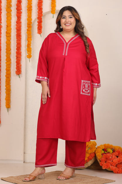SOLID EMBROIDERED COTTON KURTA PANT SET IN RED BY PLUSSIZEKURTI