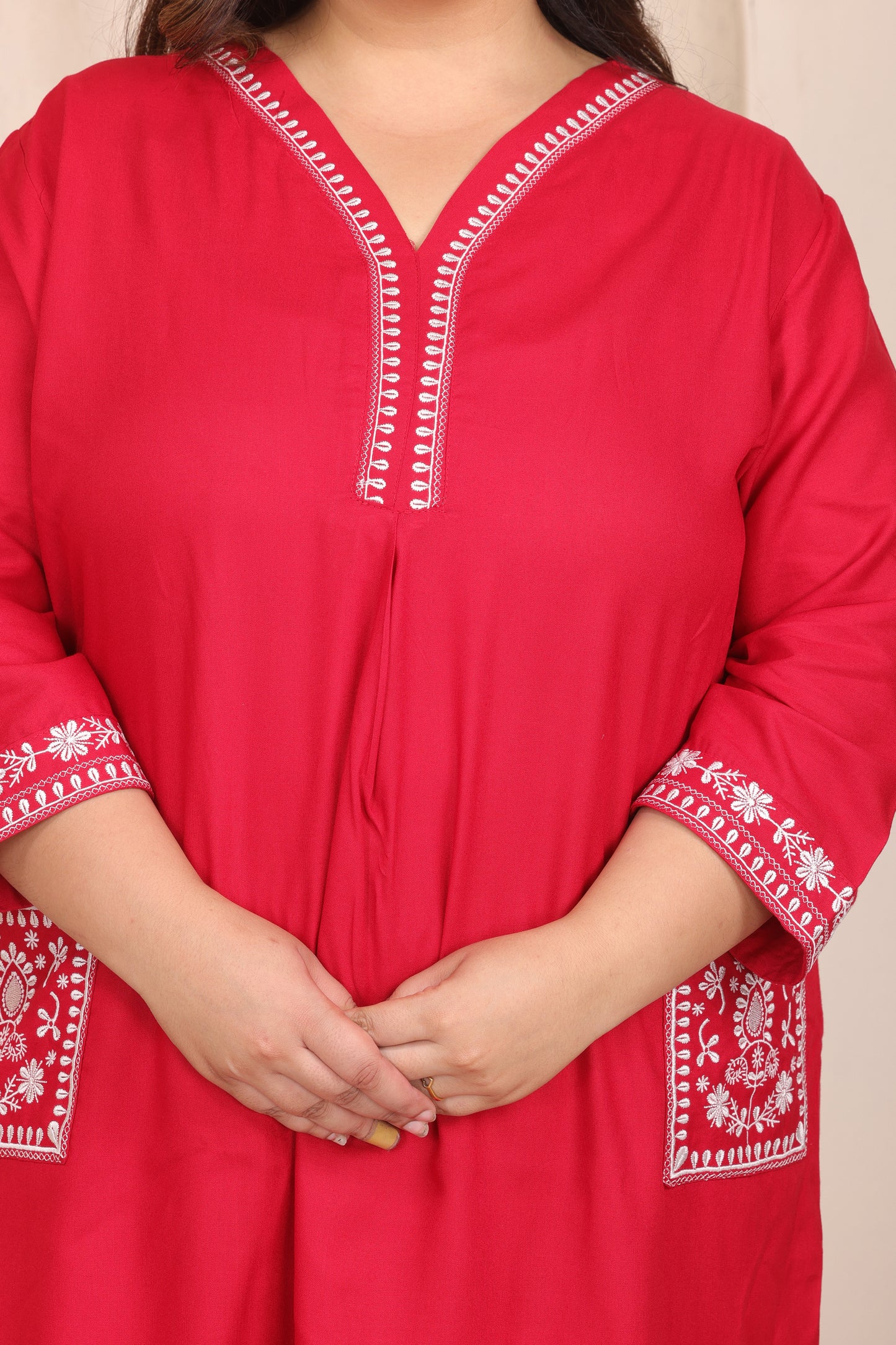 SOLID EMBROIDERED COTTON KURTA PANT SET IN RED BY PLUSSIZEKURTI
